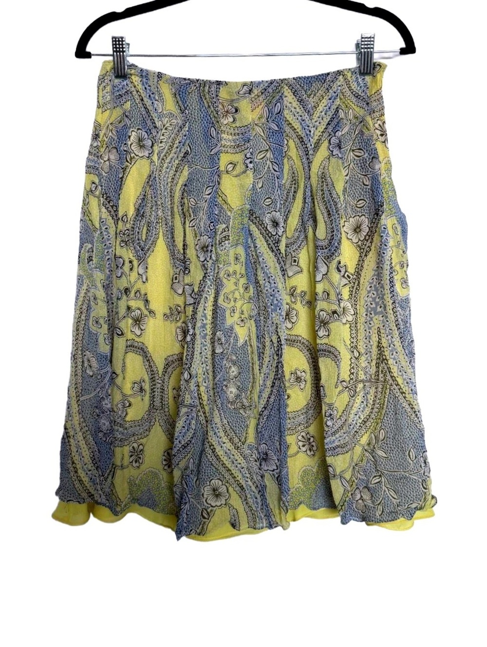 vintage 2000s Yellow and Blue Paisley Silk A-Line Skirt